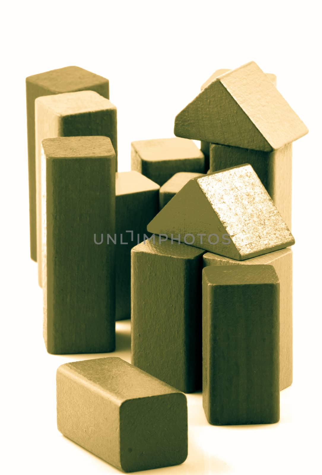 Wooden building blocks isolated on white background.