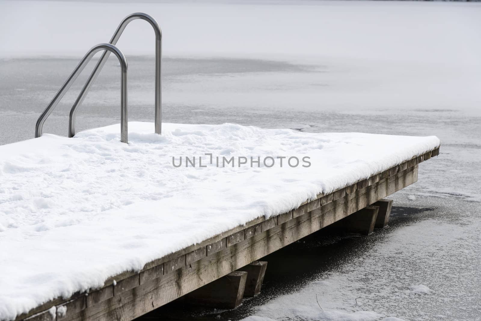 Pool ladder on a frozen lake with snow and ice