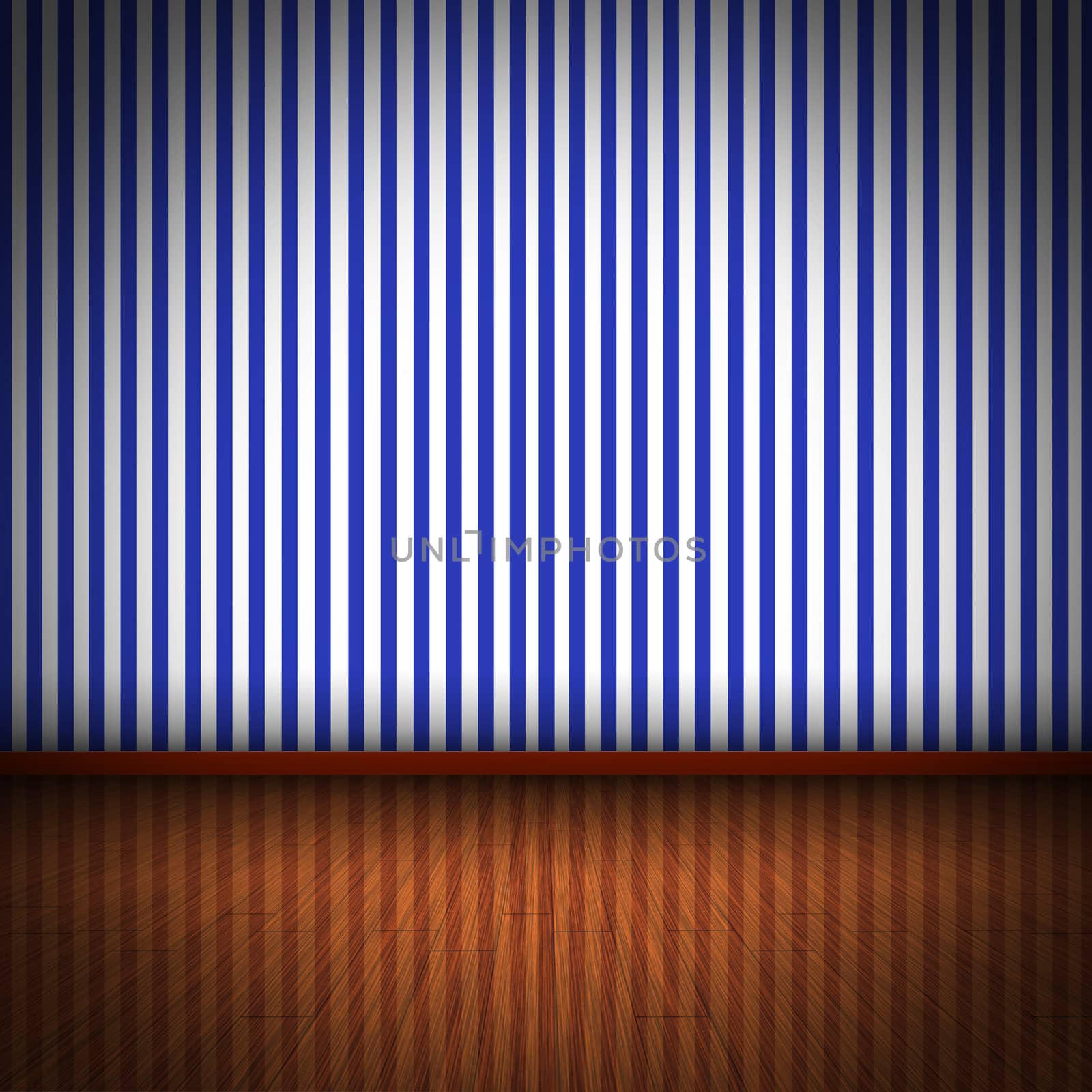 Illustration of a room with wooden floor and wall with blue striped wellpaper