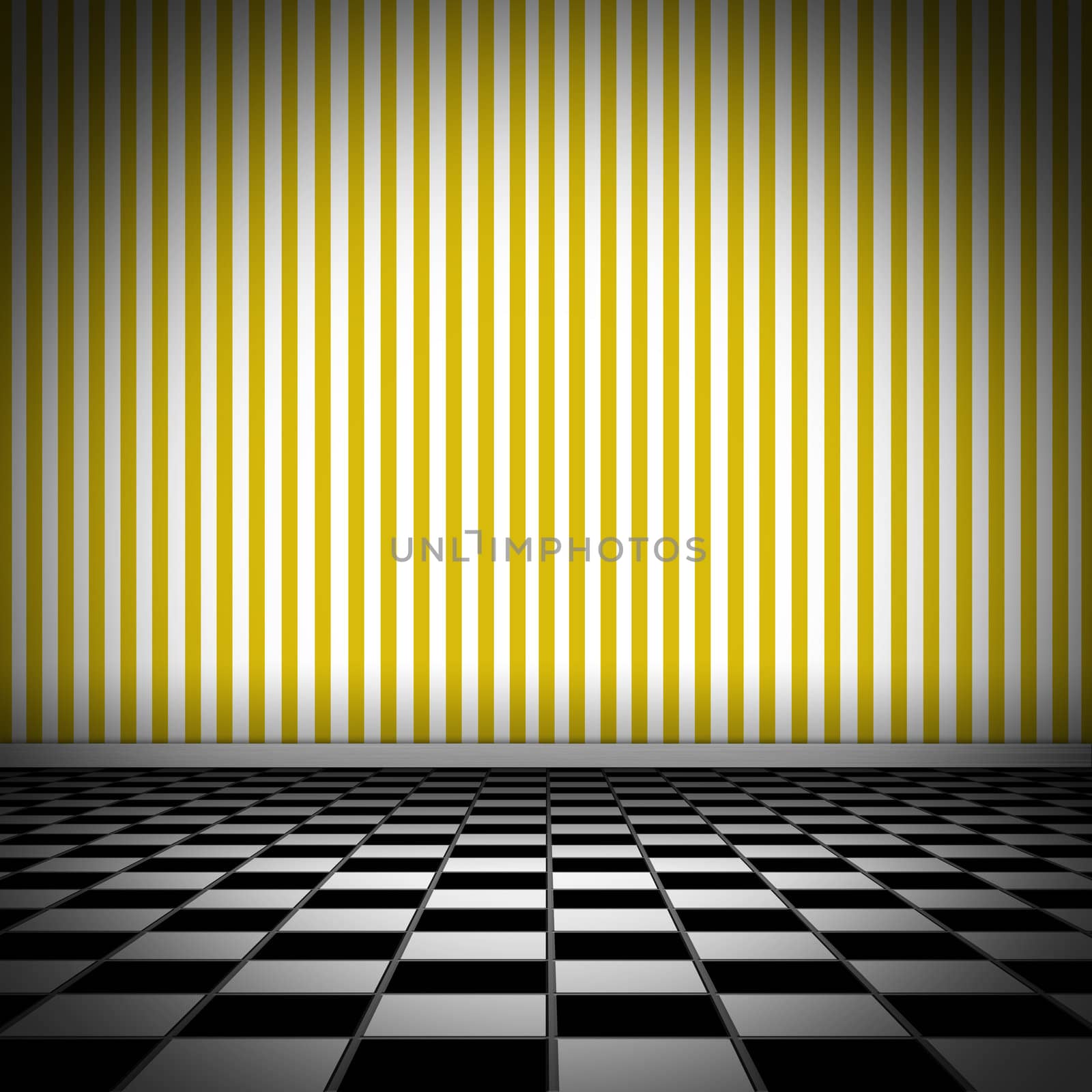 Illustration of a room with tiled floor and yellow striped wellpaper