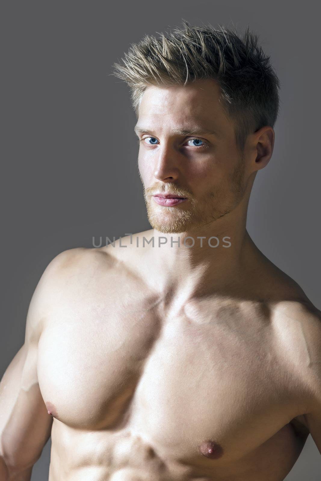 Portrait of a muscle sport man with blue eyes, blond hair and strong pectoral muscles