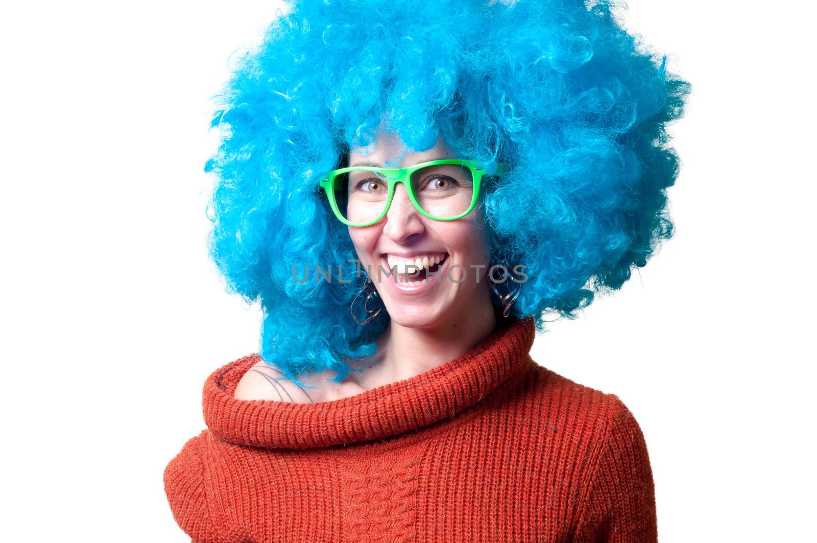 beautiful girl with curly blue wig and turtleneck on white background