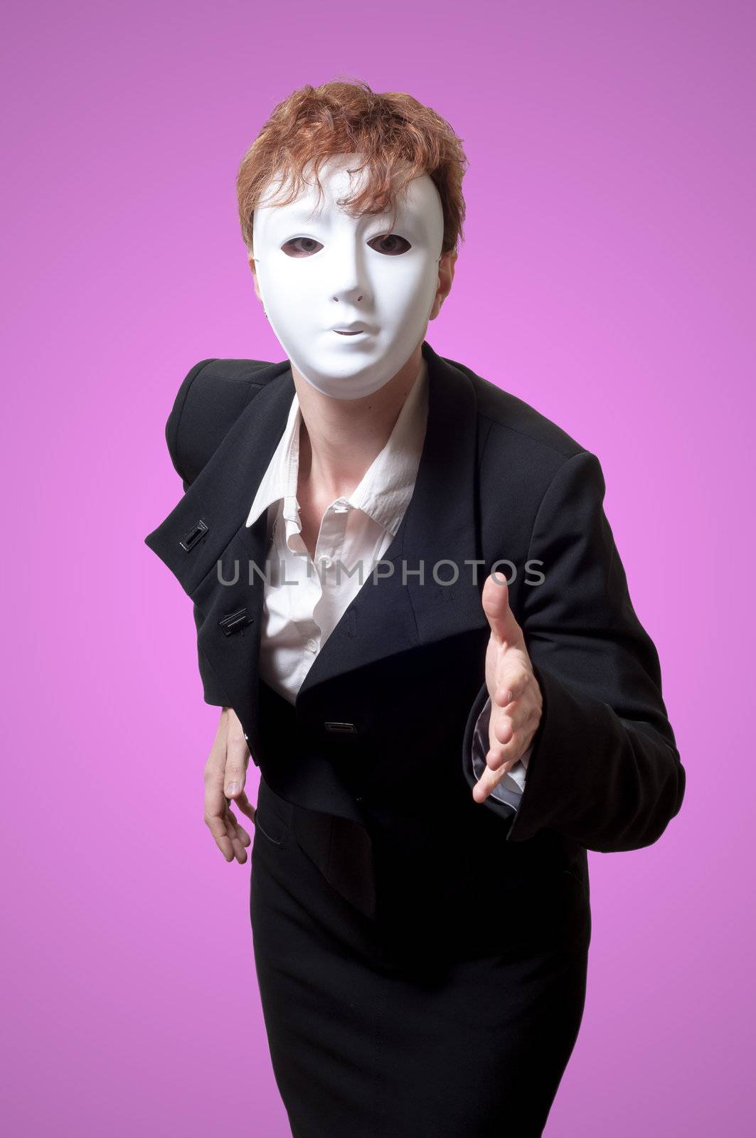business woman with white mask on pink background