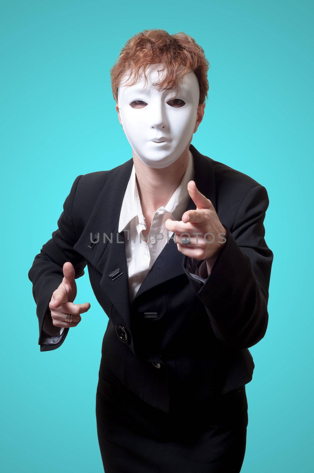 business woman with white mask on blue background