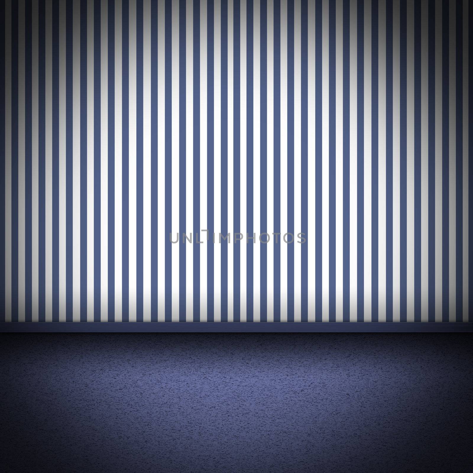 Illustration of a room with blue carpet floor and blue striped wellpaper