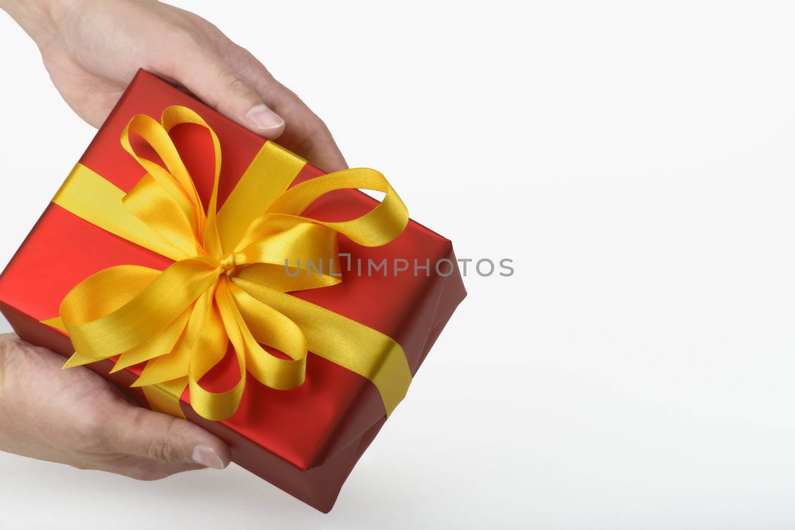 gift with gold ribbon in red paper on white underground holding in hands