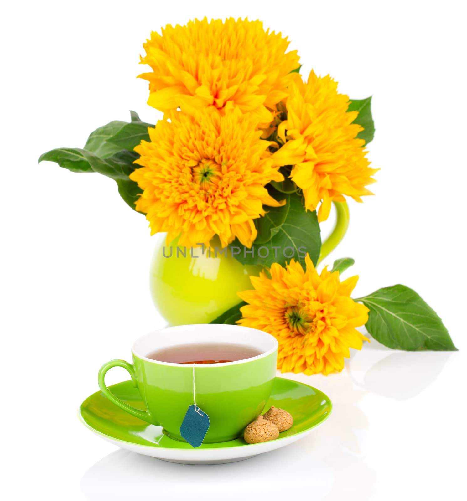 Fresh coffee and tasty croissant and sunflowers, on the white background