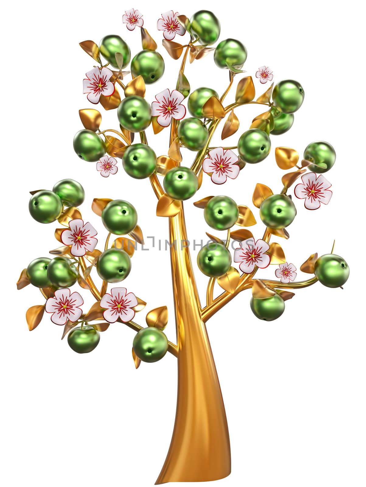 Beautiful golden apple-tree with impressive green apples, white flowers and golden leaves as jewelry