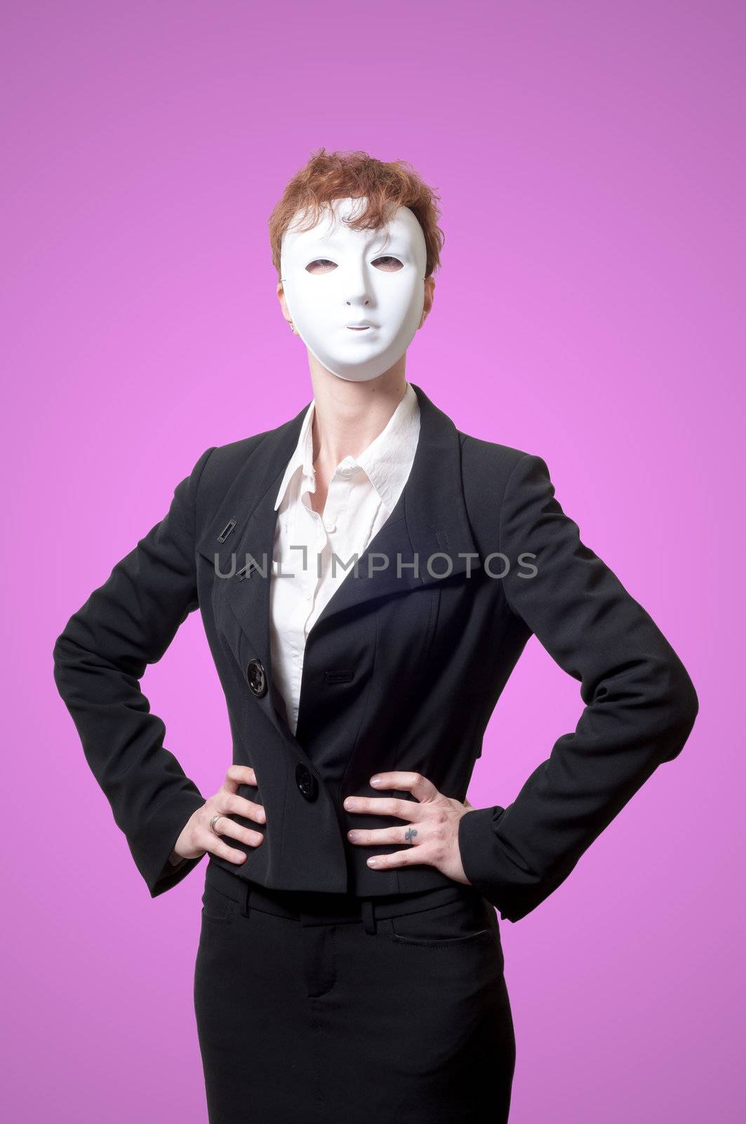 business woman with white mask on pink background