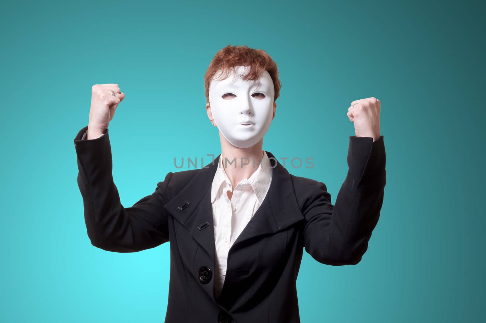 strong business woman with white mask on blue background