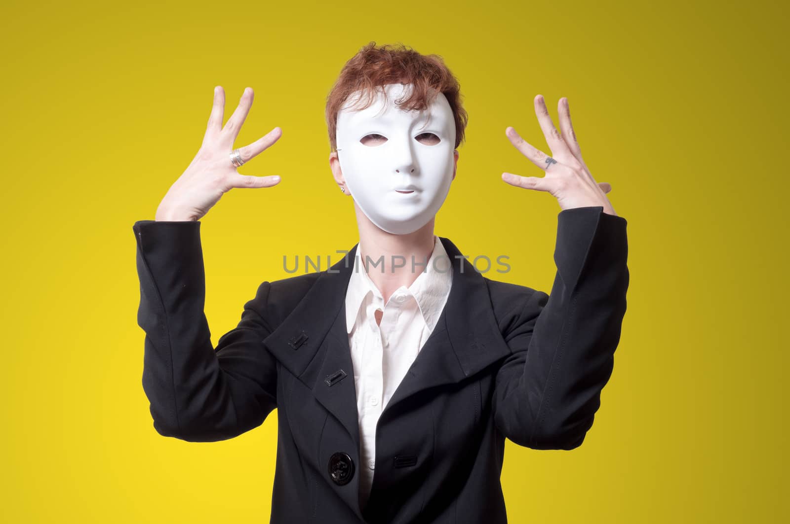 business woman with white mask on yellow background