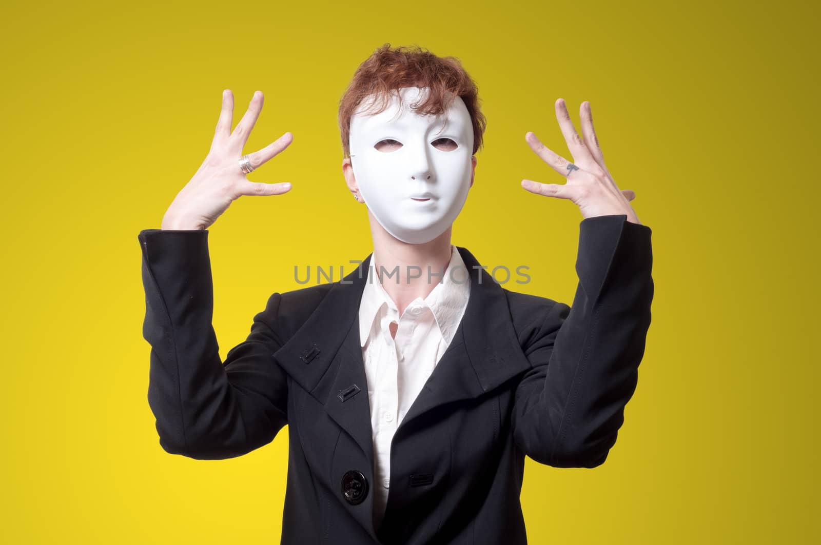 business woman with white mask on yellow background