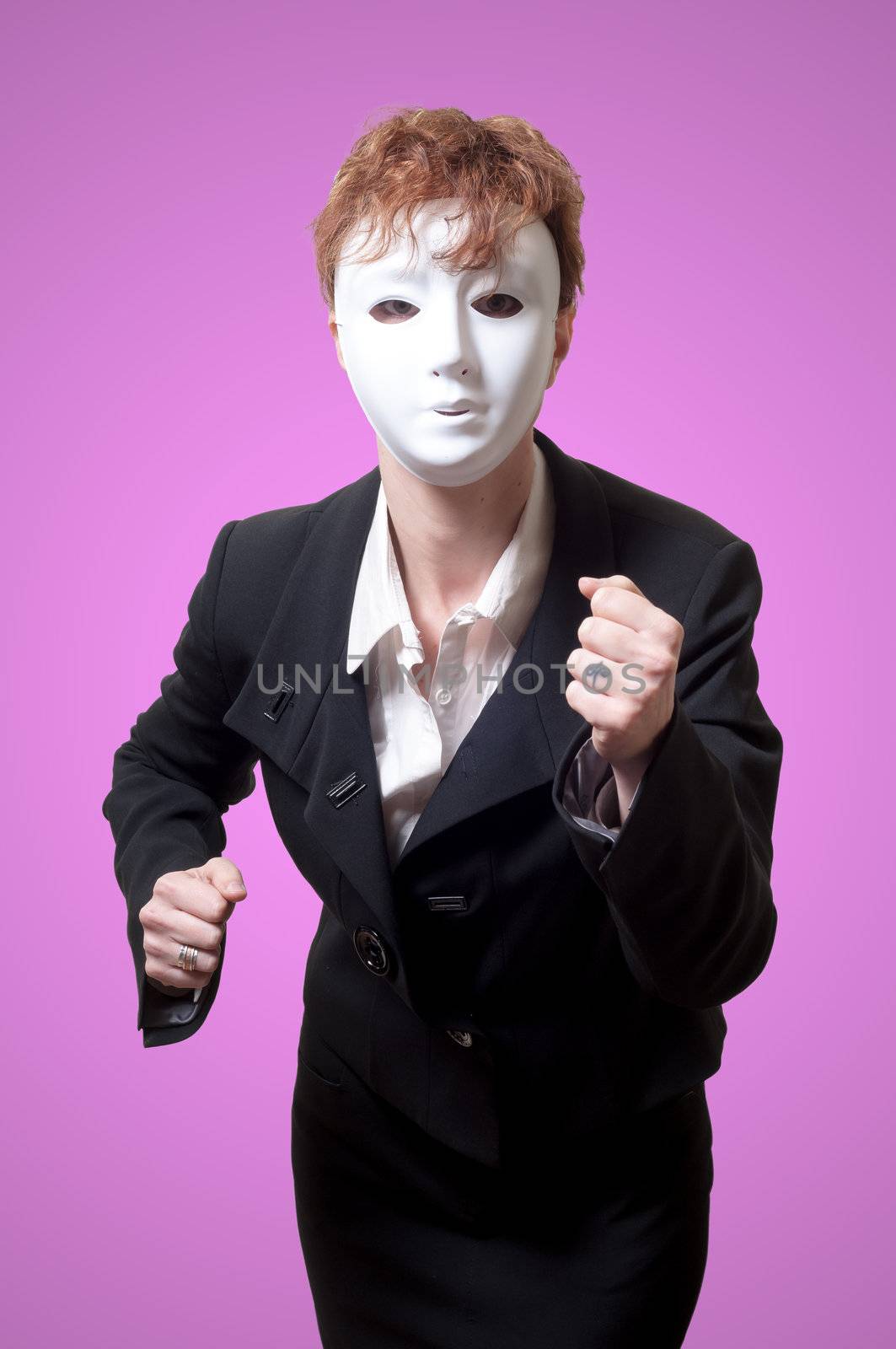 business woman with white mask on pink background