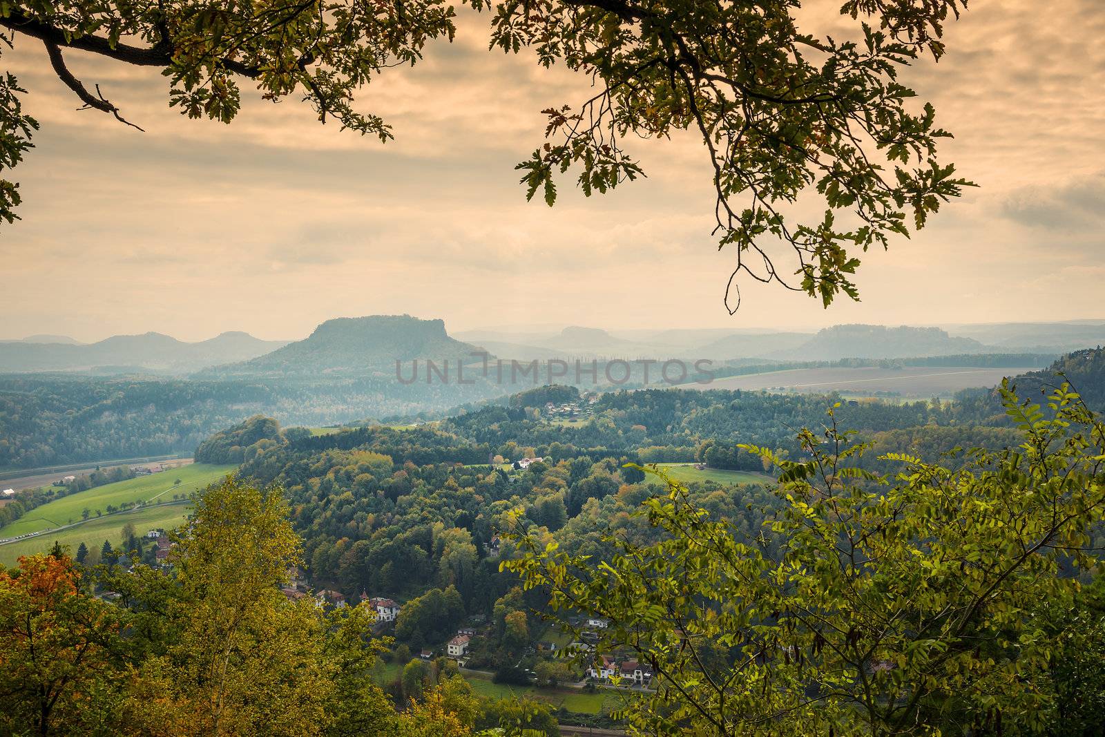 Landscape in Saxony Switzerland in autumn with view to the table mountain Lilienstein