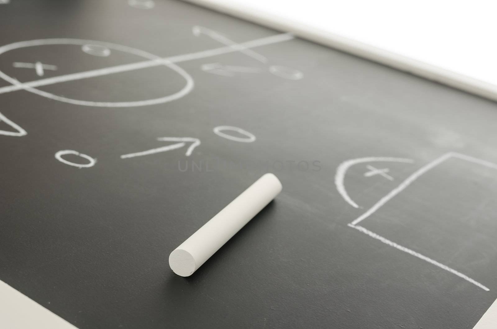 Soccer strategy plan on a chalkboard. Shallow dof.