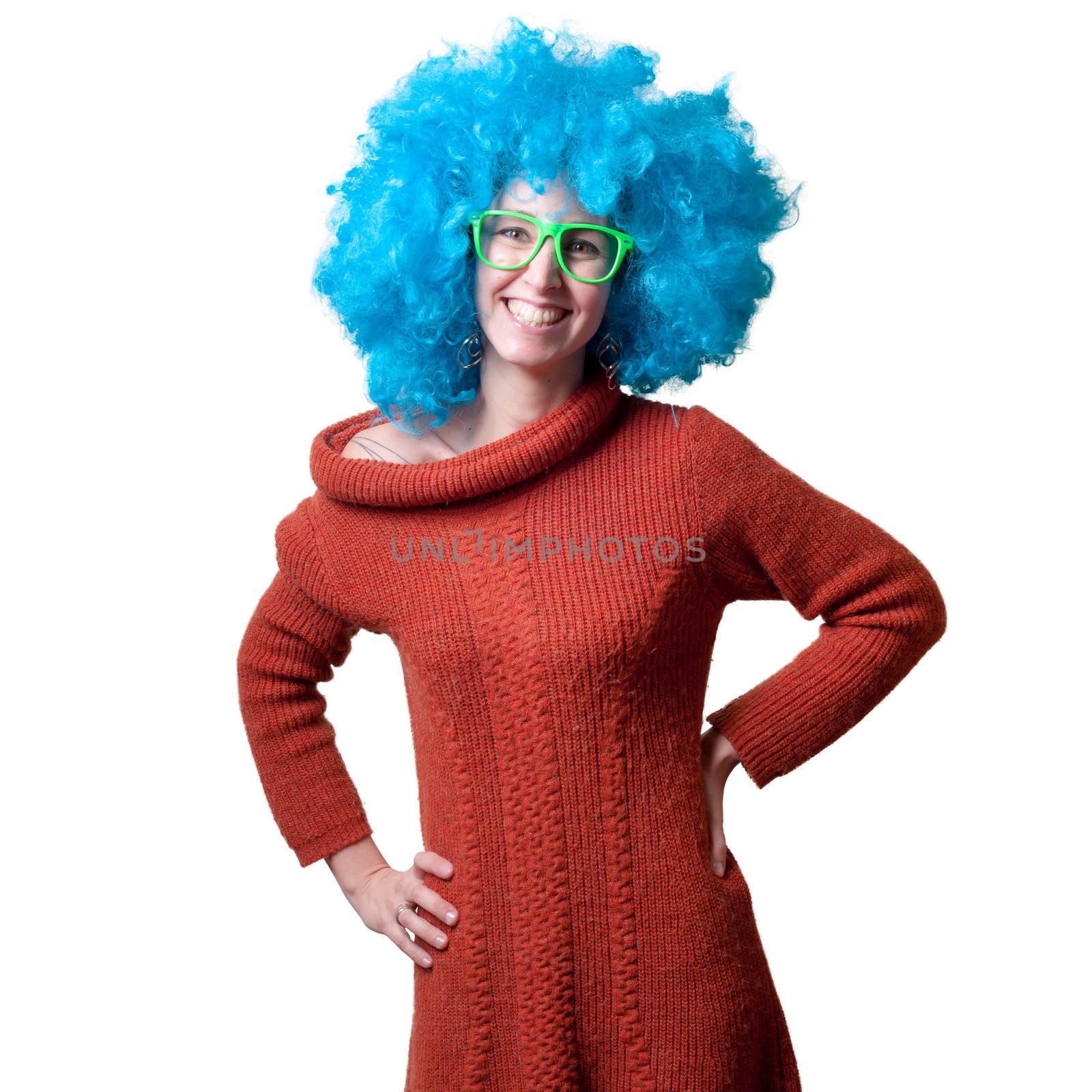 beautiful girl with curly blue wig and turtleneck on white background