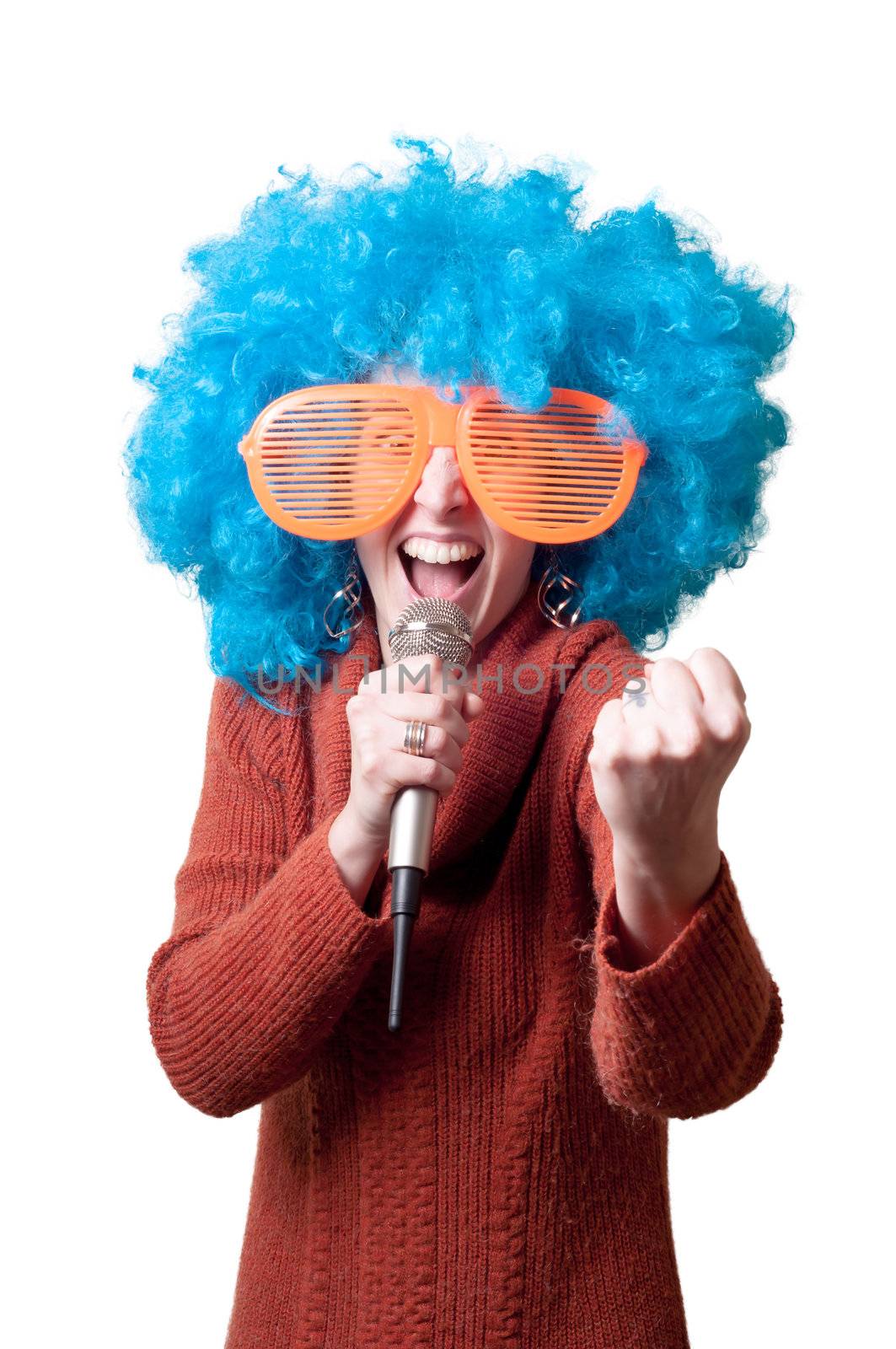 beautiful girl with curly blue wig and turtleneck on white background