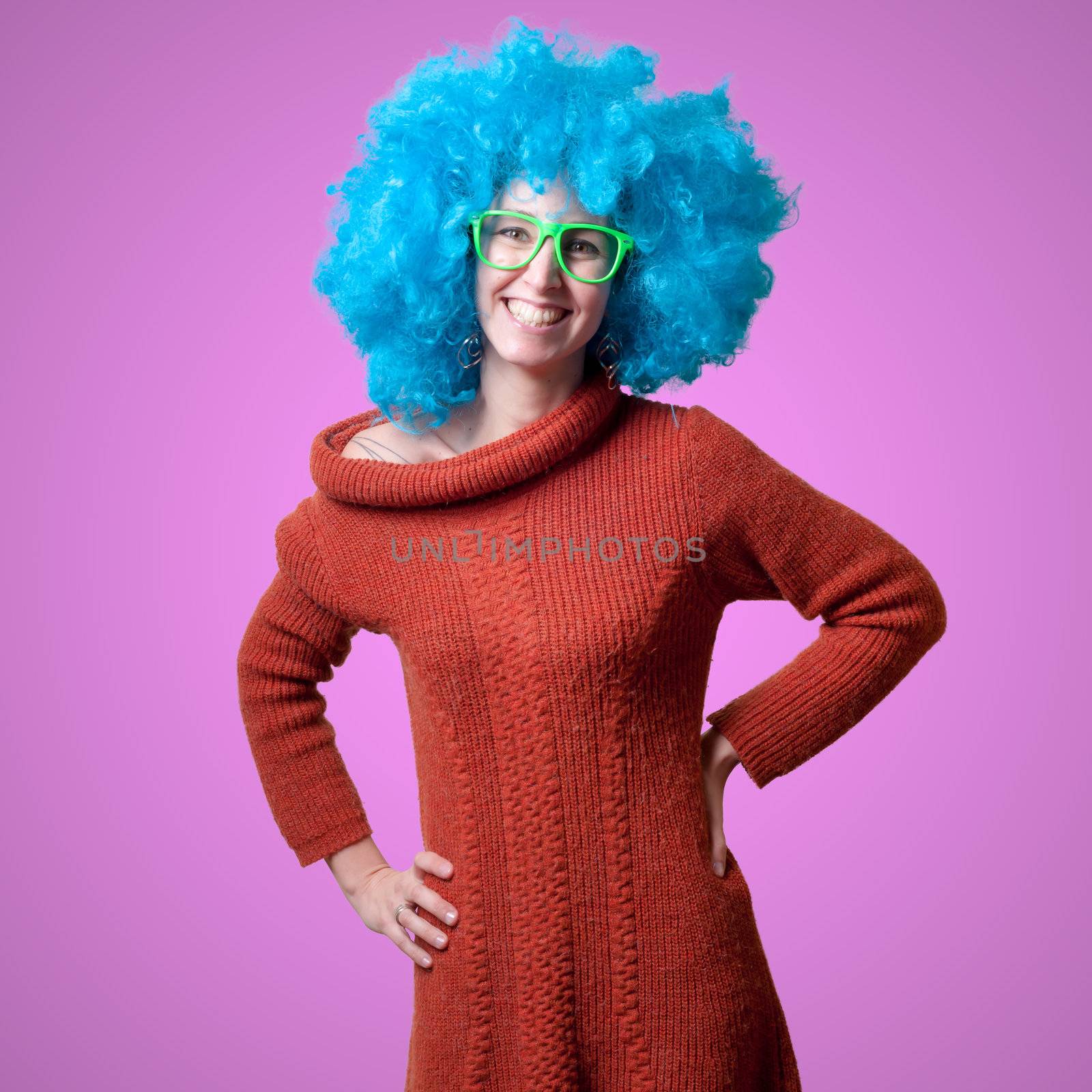 beautiful girl with curly blue wig and turtleneck by peus