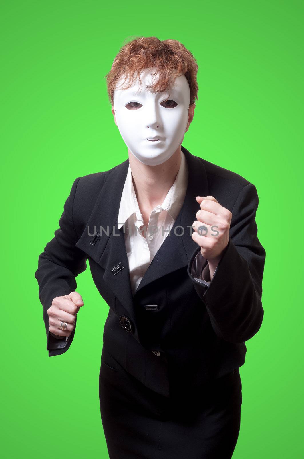 business woman with white mask on green background