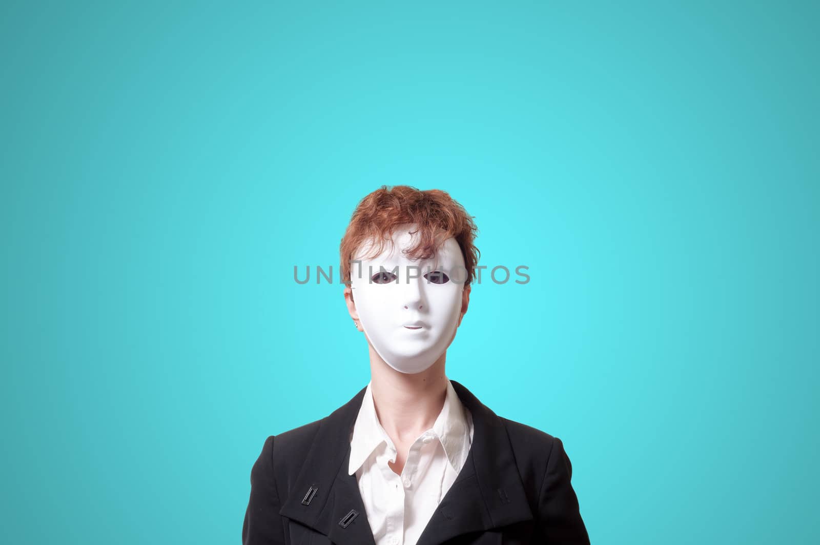 business woman with white mask on blue background