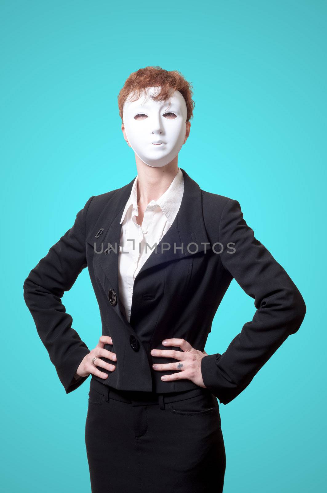 business woman with white mask on blue background