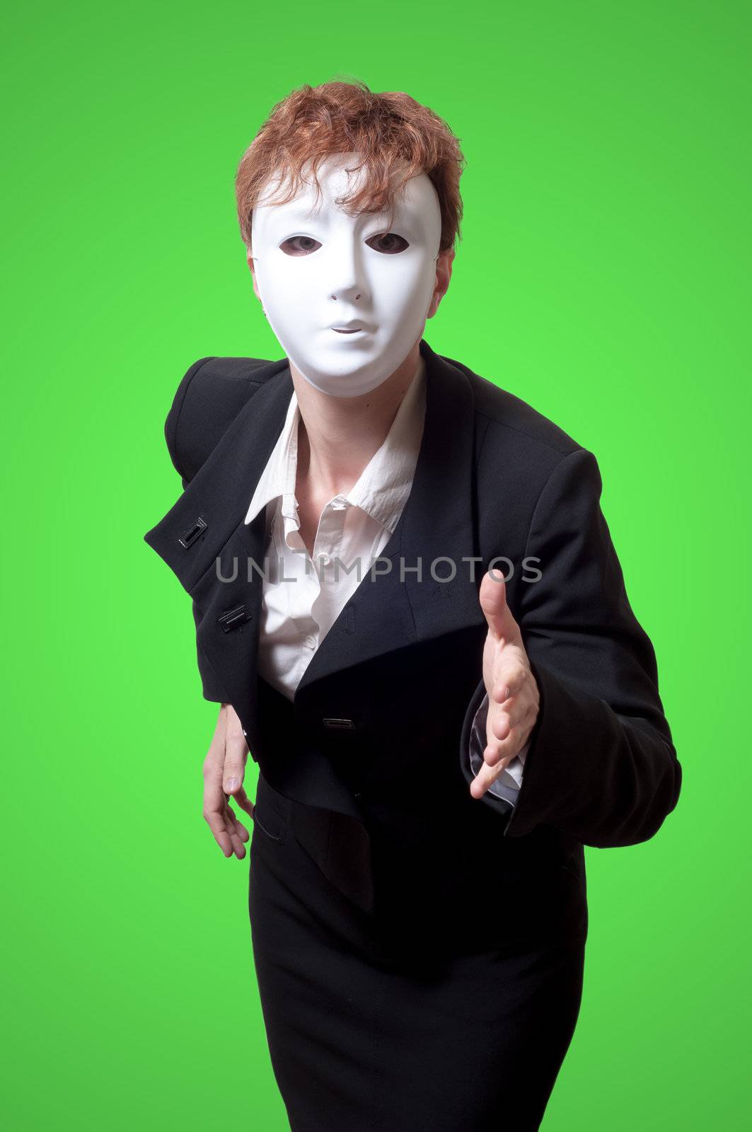 business woman with white mask on green background