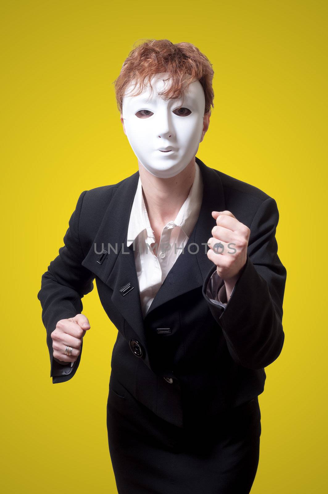 business woman with white mask on yellow background