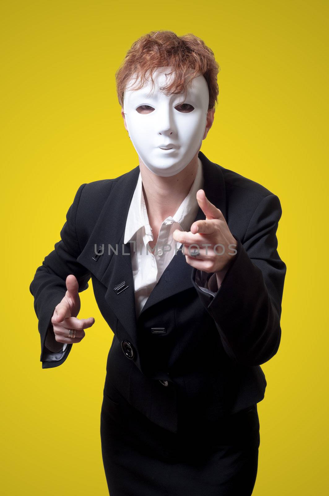 business woman with white mask on yellow background