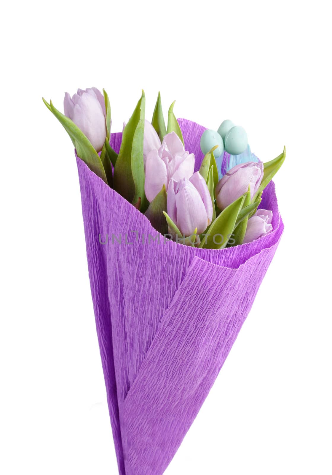 Bunch from easter aggs and tulips isolated on white