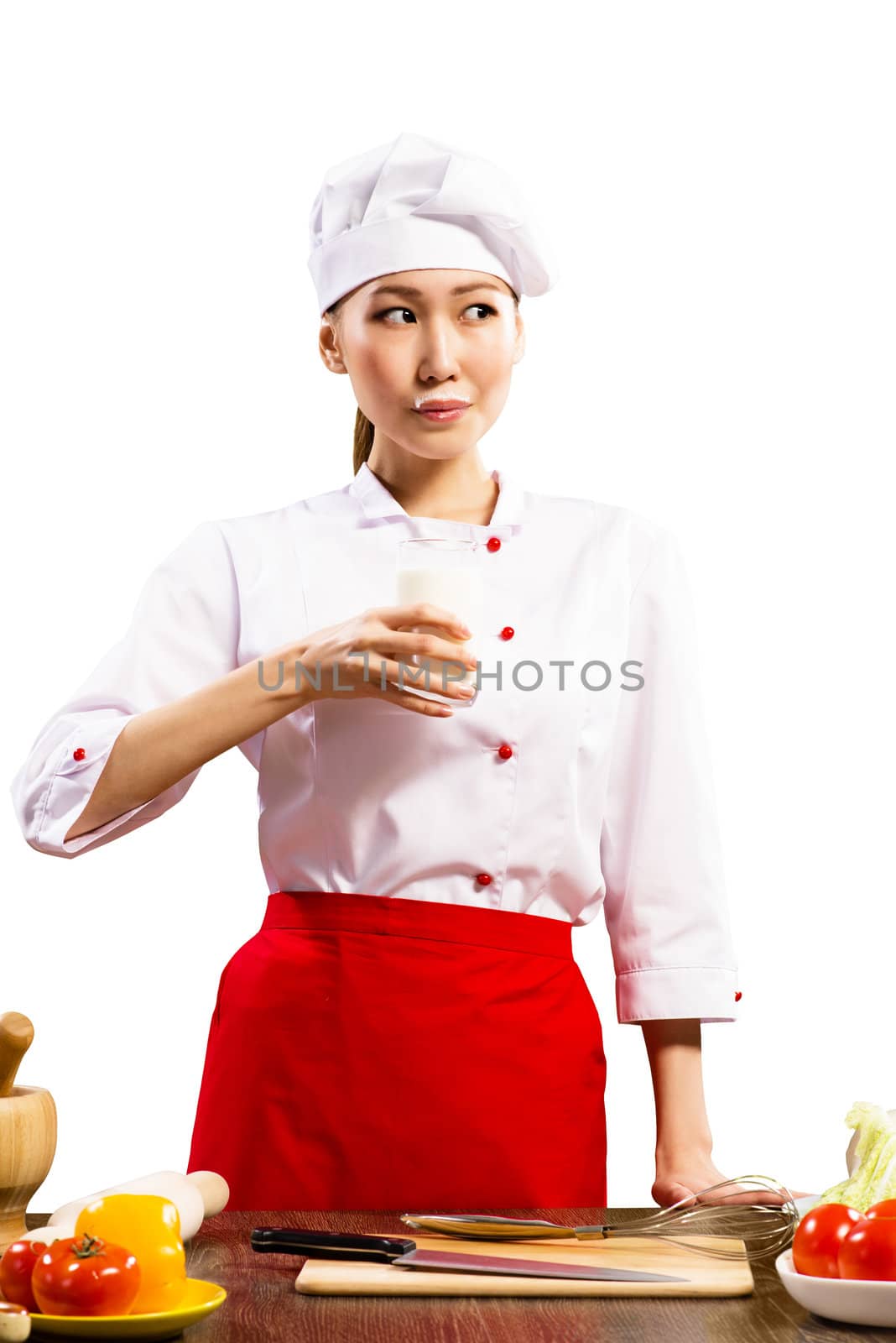 Asian female cook drinking milk by adam121