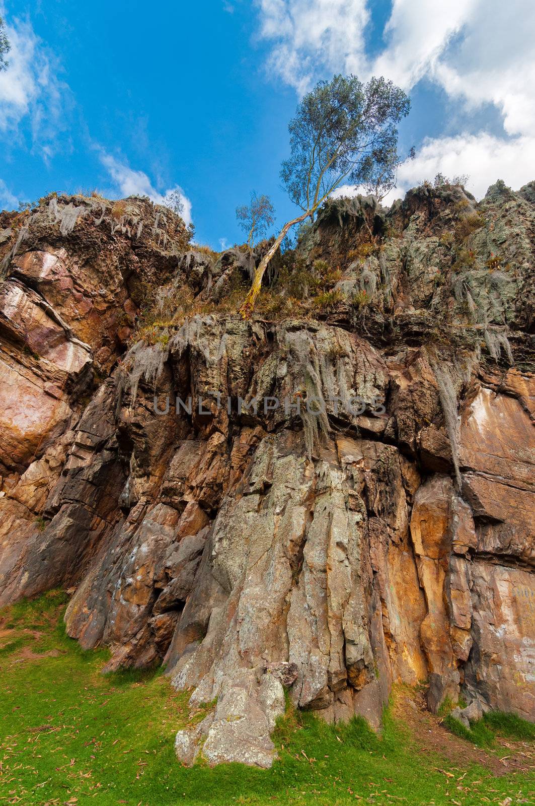 A view of the rock climbing cliff at Suesca, Colombia as seen from below