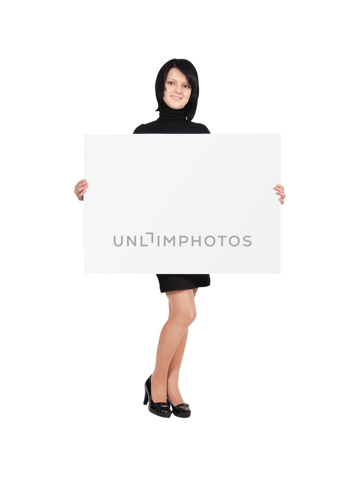 happy young woman holding blank billboard