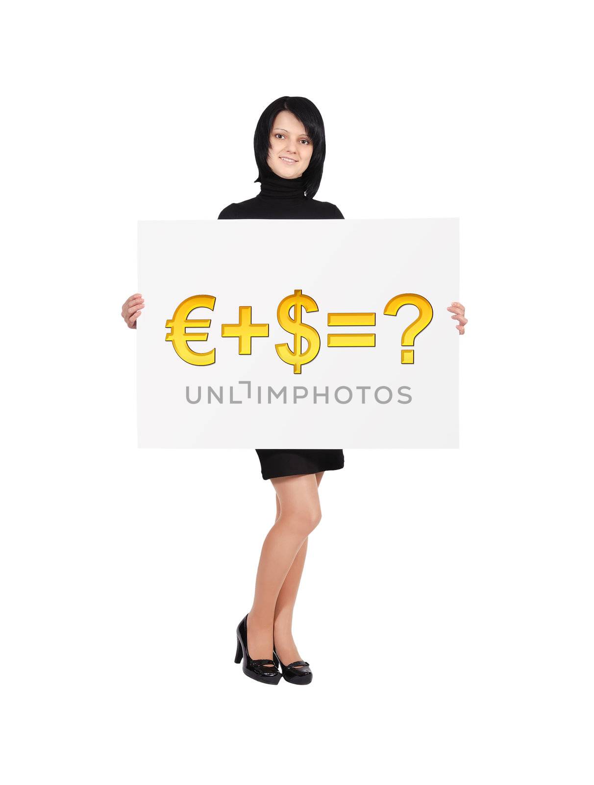 happy woman holding billboard with business formula