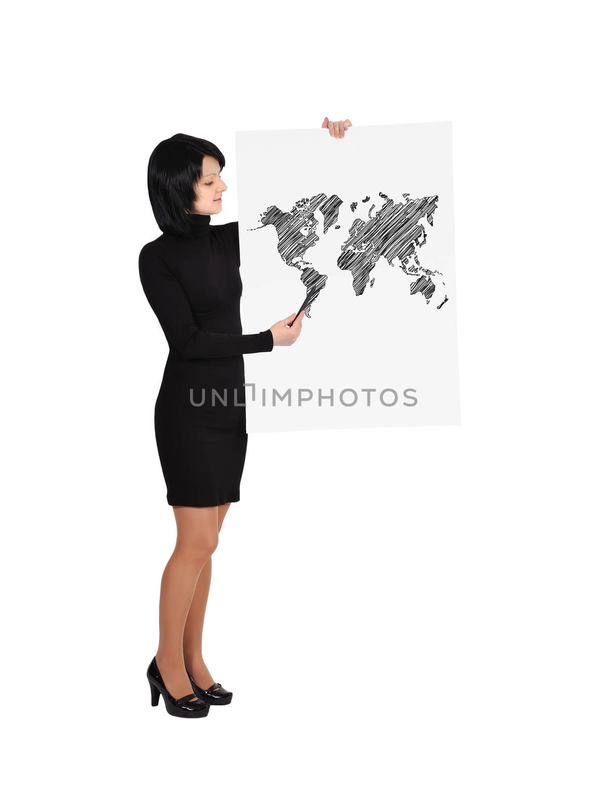 happy young woman holding billboard with world map