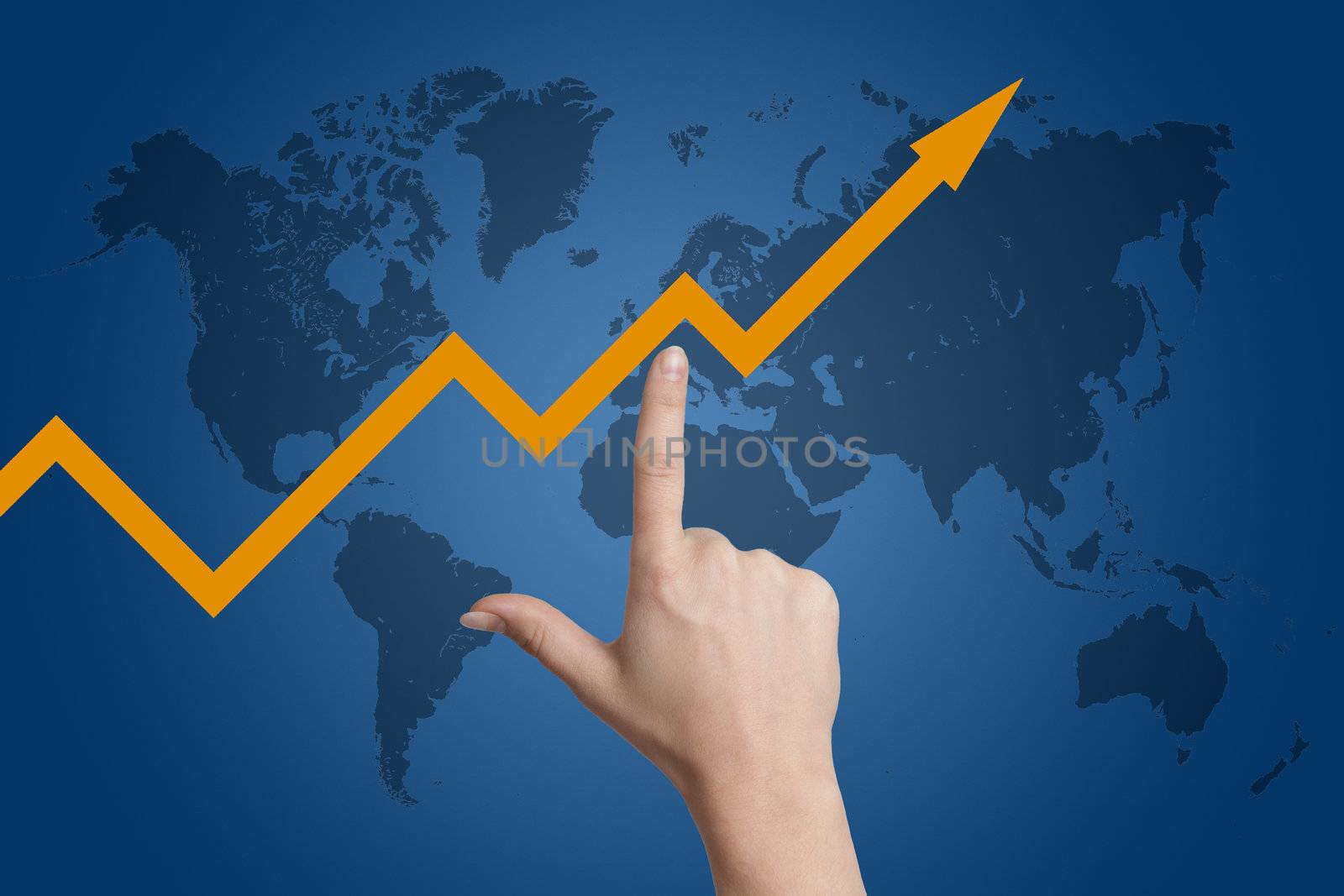 Finger point to a diagram arrow on blue background with world map