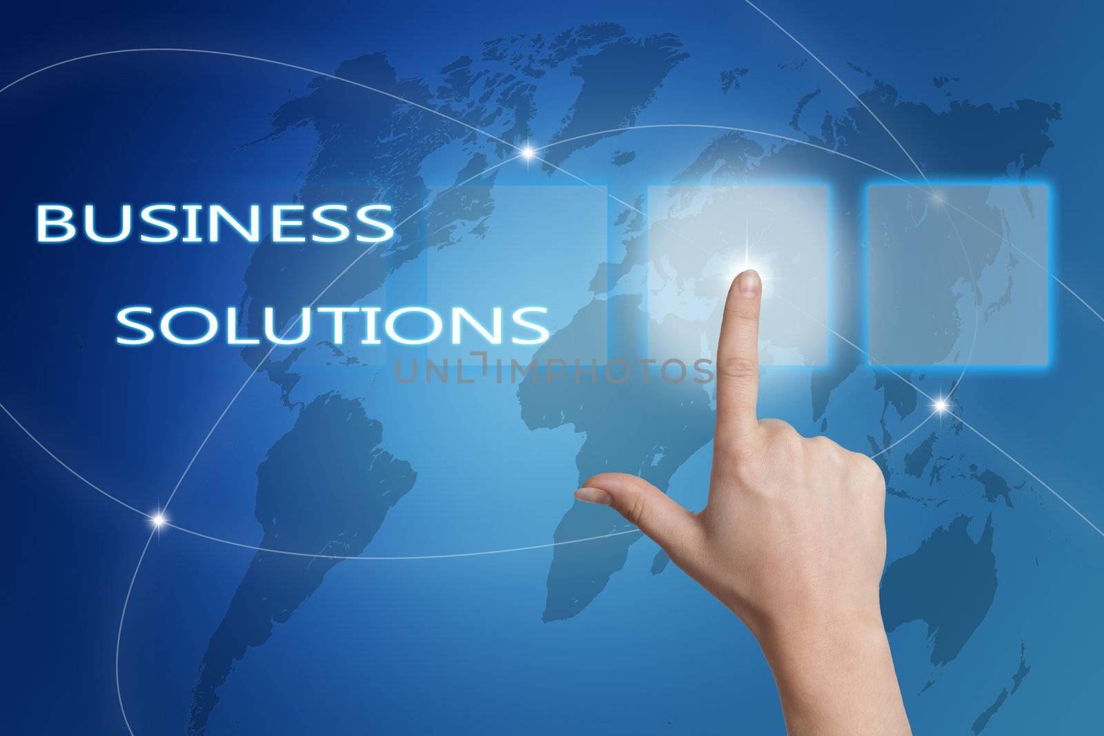 Business Solutions concept Illustration on Blue Background with world map