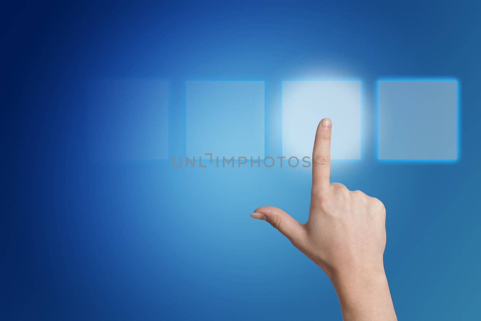 hand pressing a touchscreen button on blue background