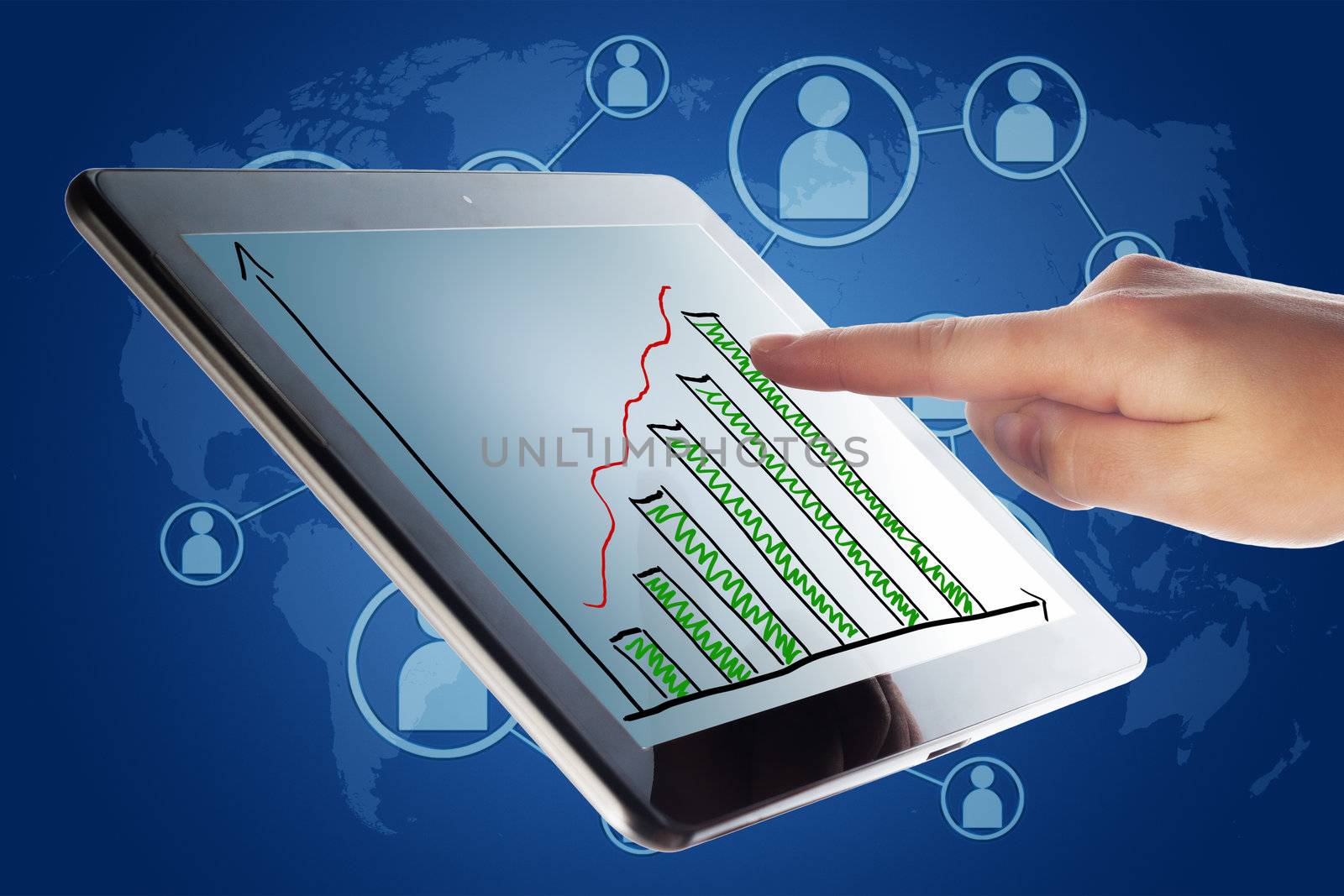 Tablet Computer with a diagram chart and a hand on blue background with world map