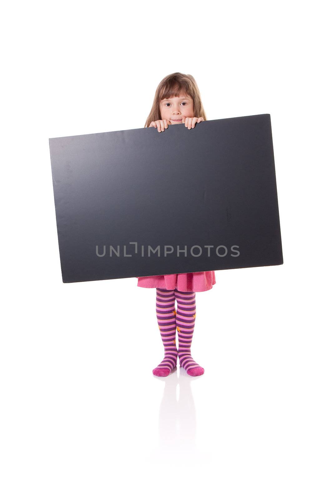 Cute little girl holding a blank cardboard sign