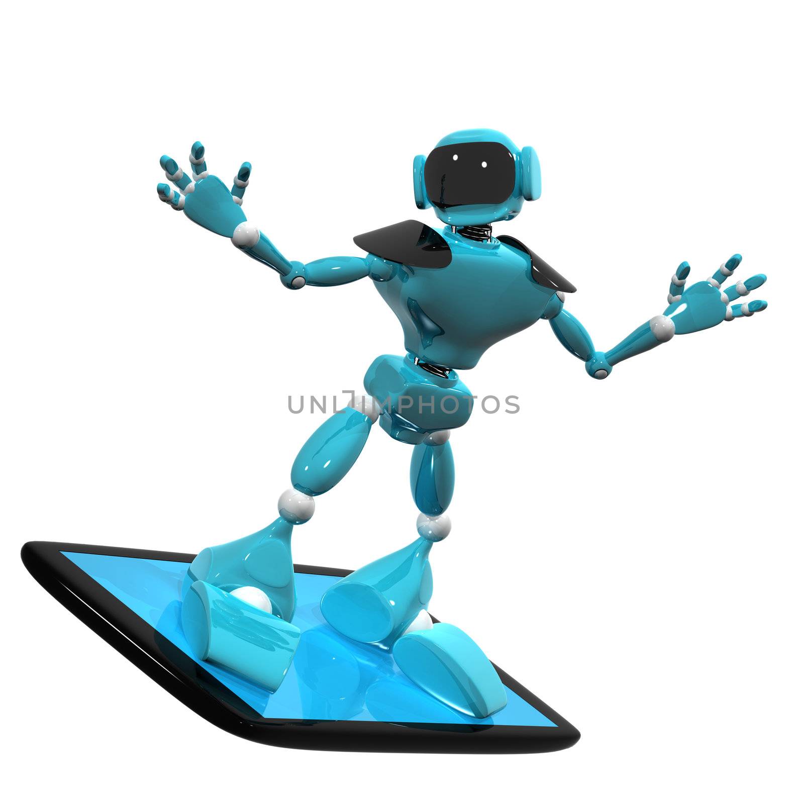 3d illustration of a blue robot on a smartphone on white background