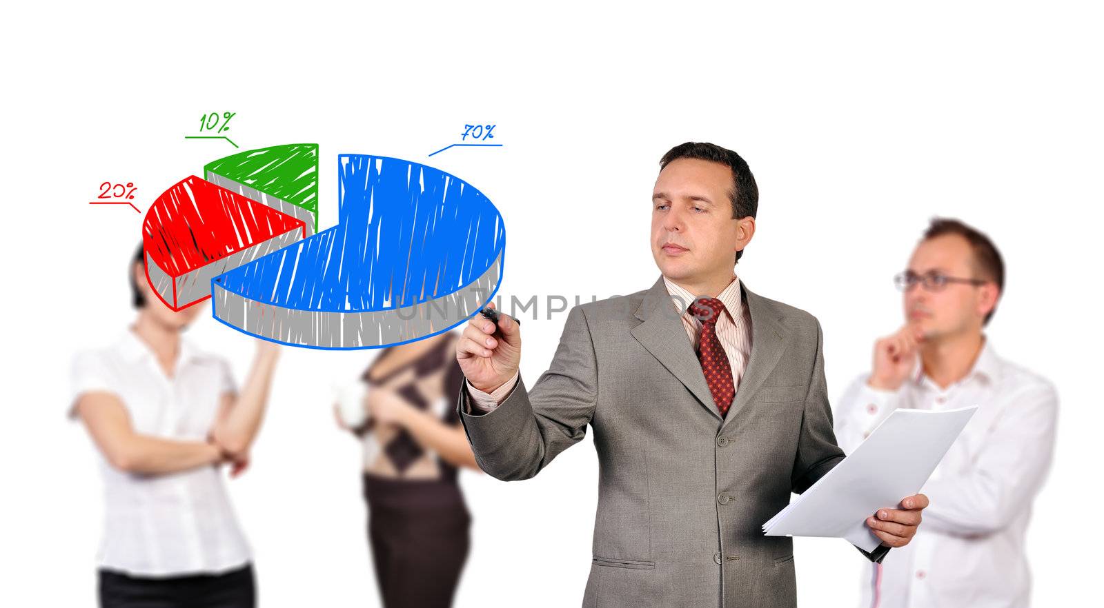 businessman writing pie chart on a board invisible