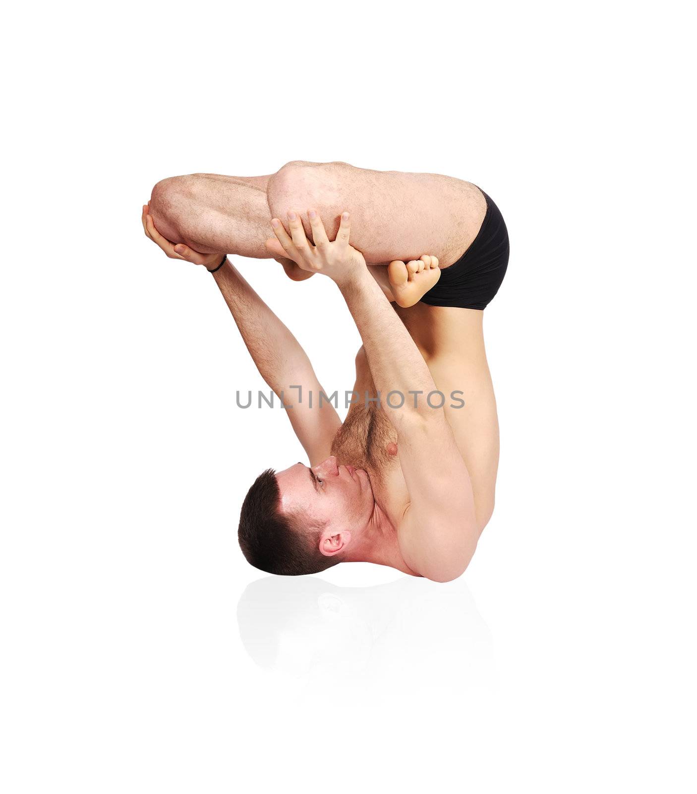 man doing yoga on white background