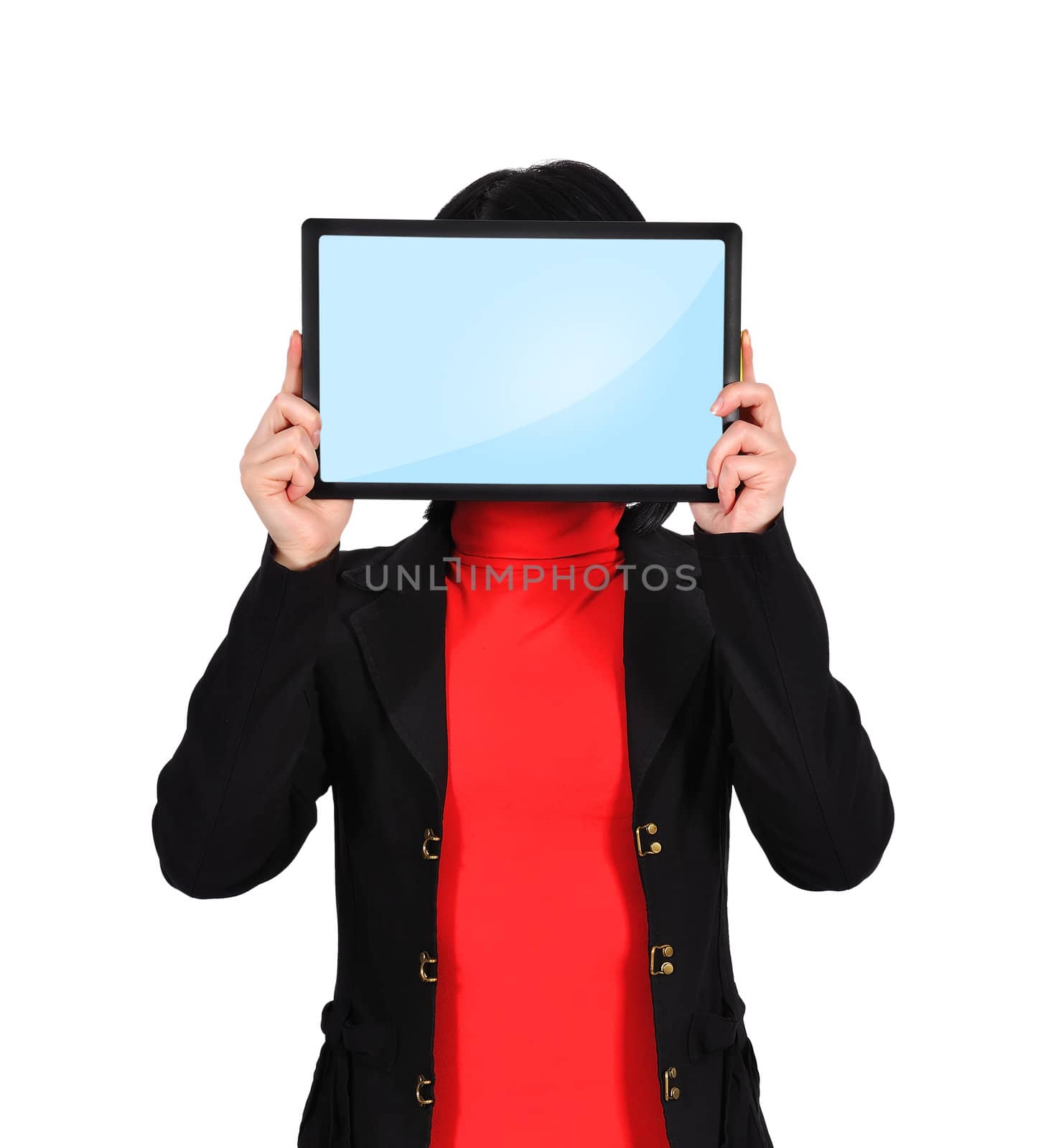 woman holding  touch pad with blank screen