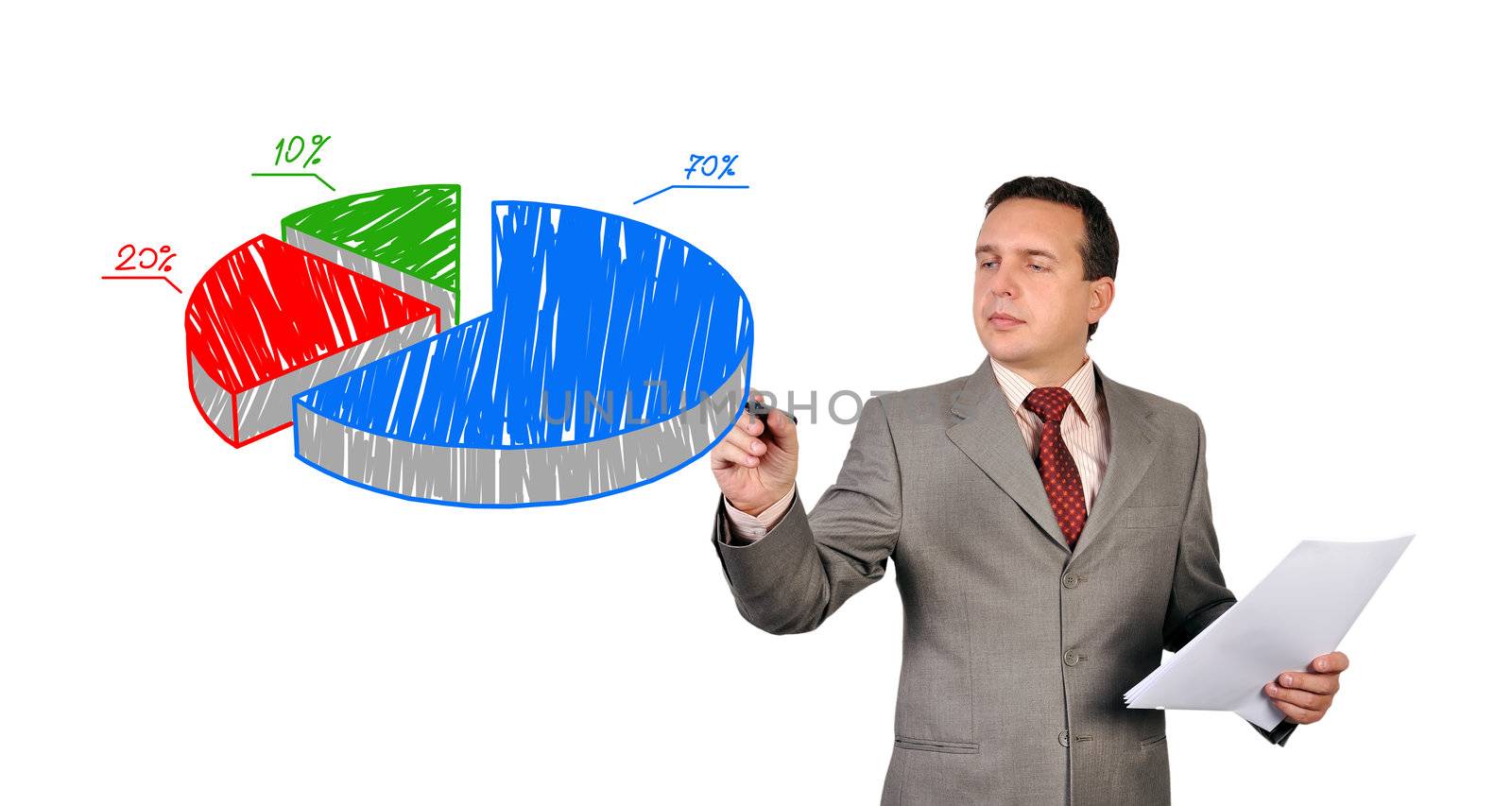 businessman drawing pie scheme of profits
