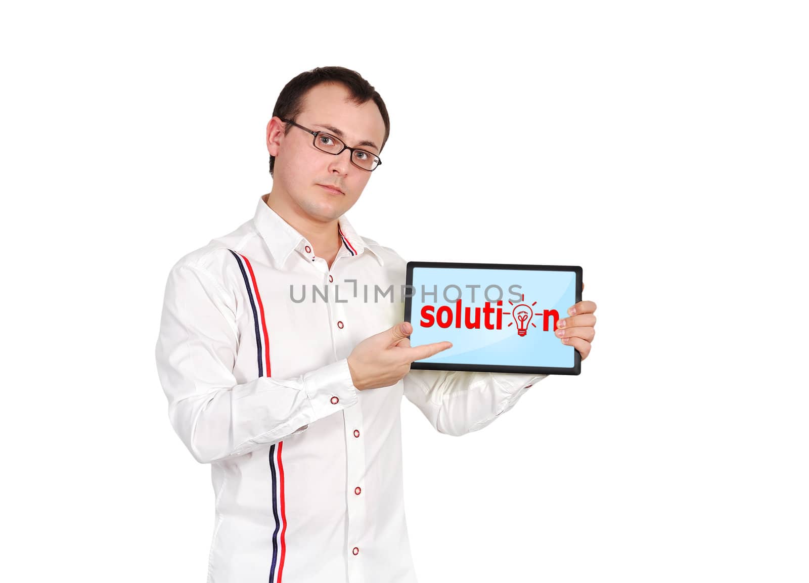 businessman holding touch pad with solution sign
