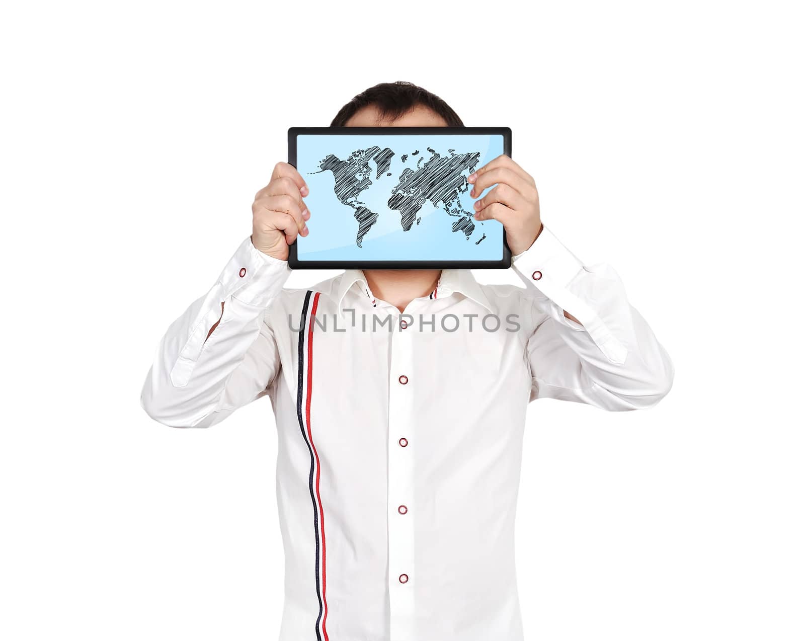 businessman holding touch pad with  world map on screen