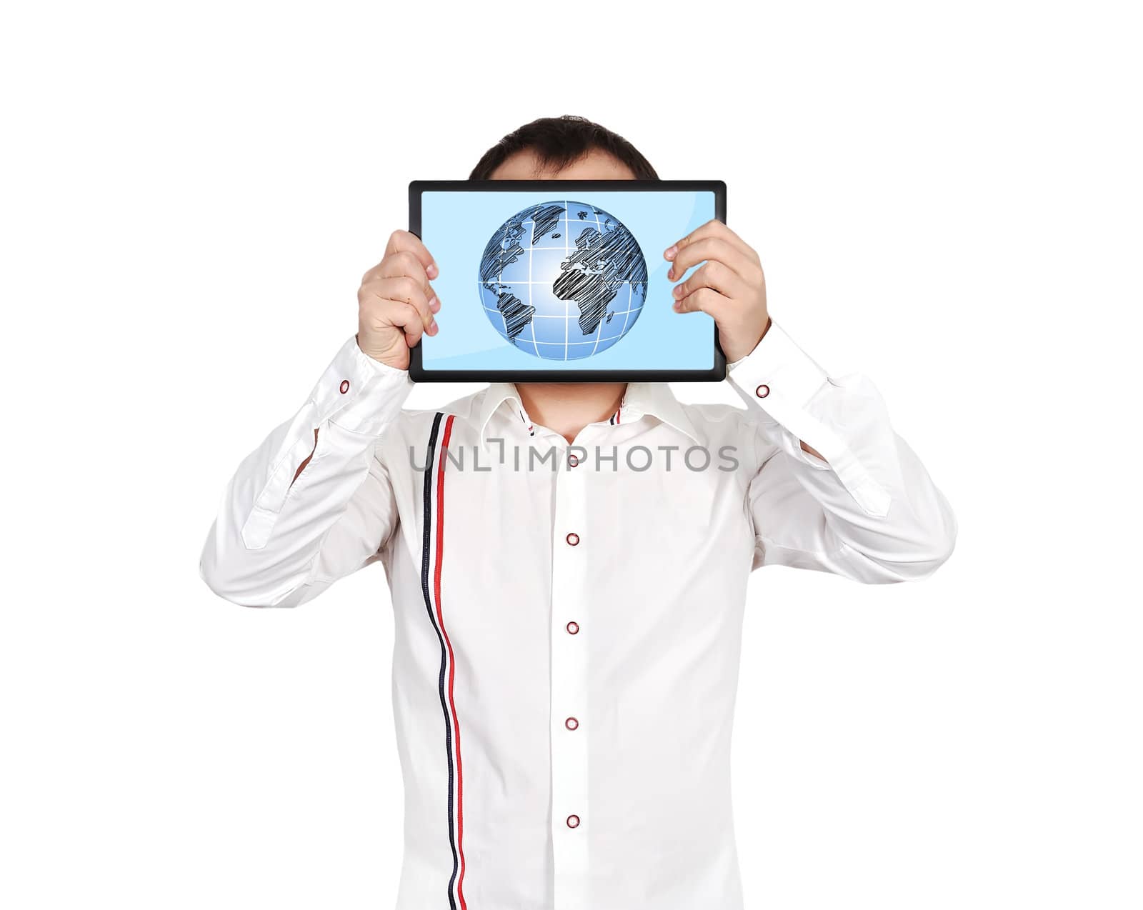 man holding touch pad with earth on screen