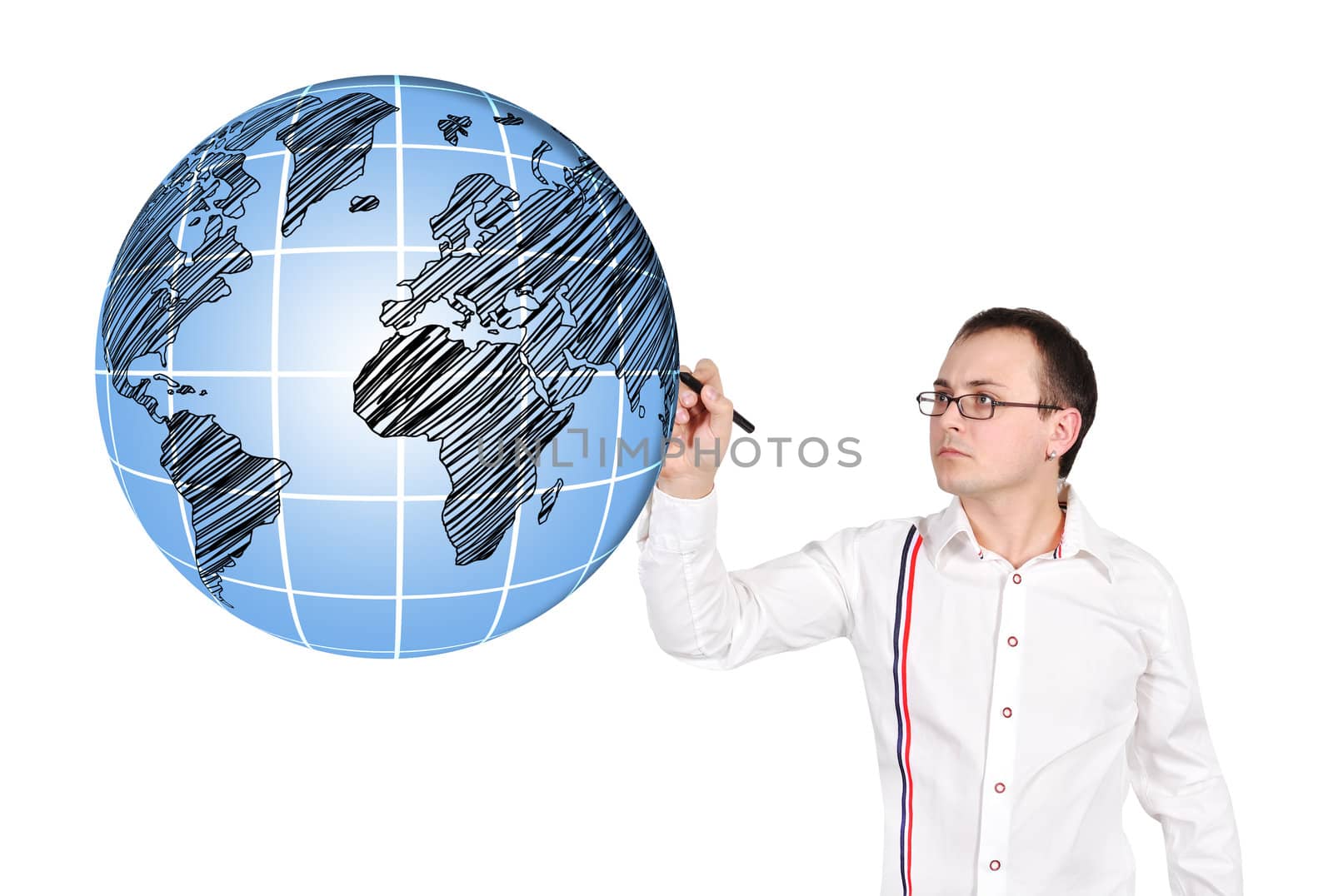 businessman drawing globe on white background