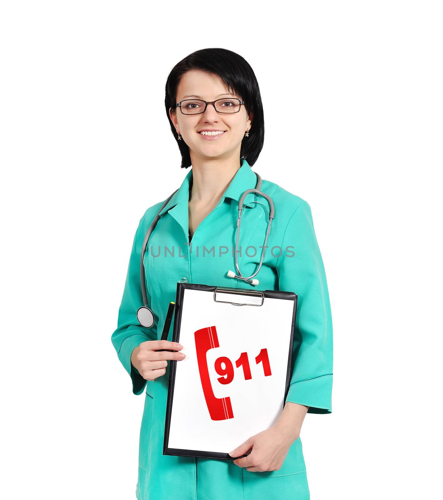 young female doctor holding clipboard with 911 symbol