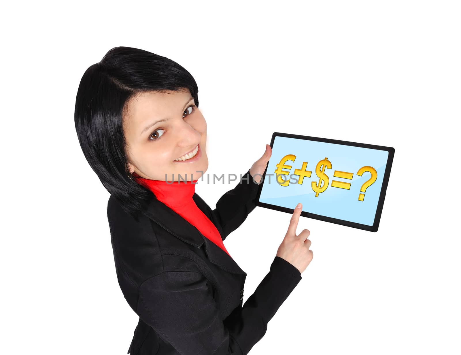 businesswoman holding touch pad with business formula